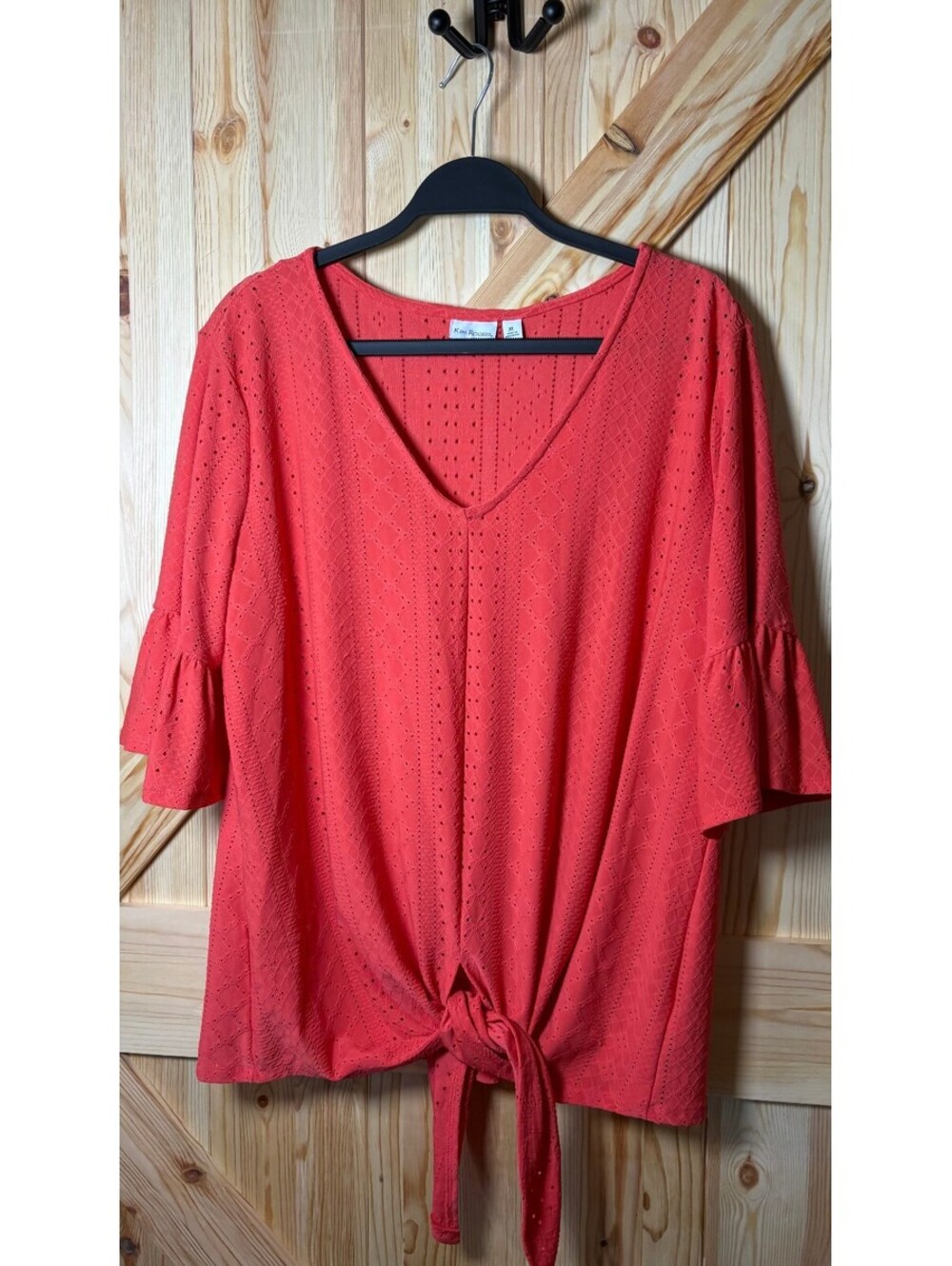 Kim Rogers XL Coral Eyelet Knit Top with Tie Front and Bell Sleeves